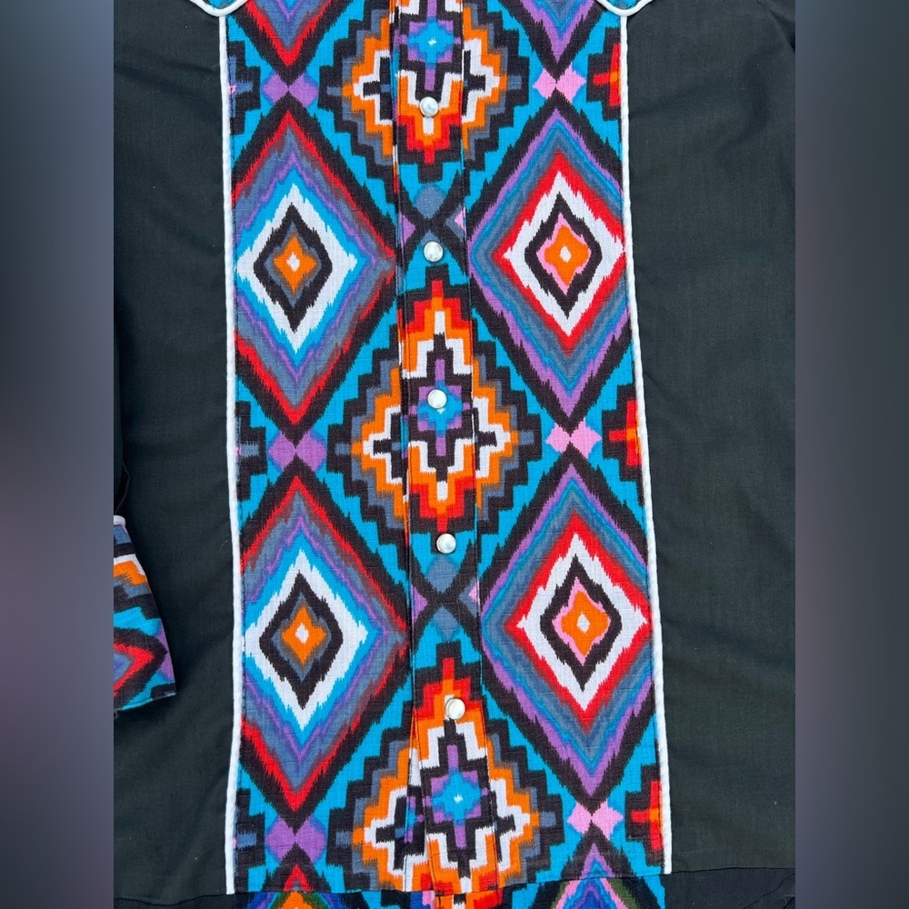 Western Pearl Snap Long Sleeve Shirt Black Men XL Geometric Pattern Handmade C11 - Picture 4 of 9